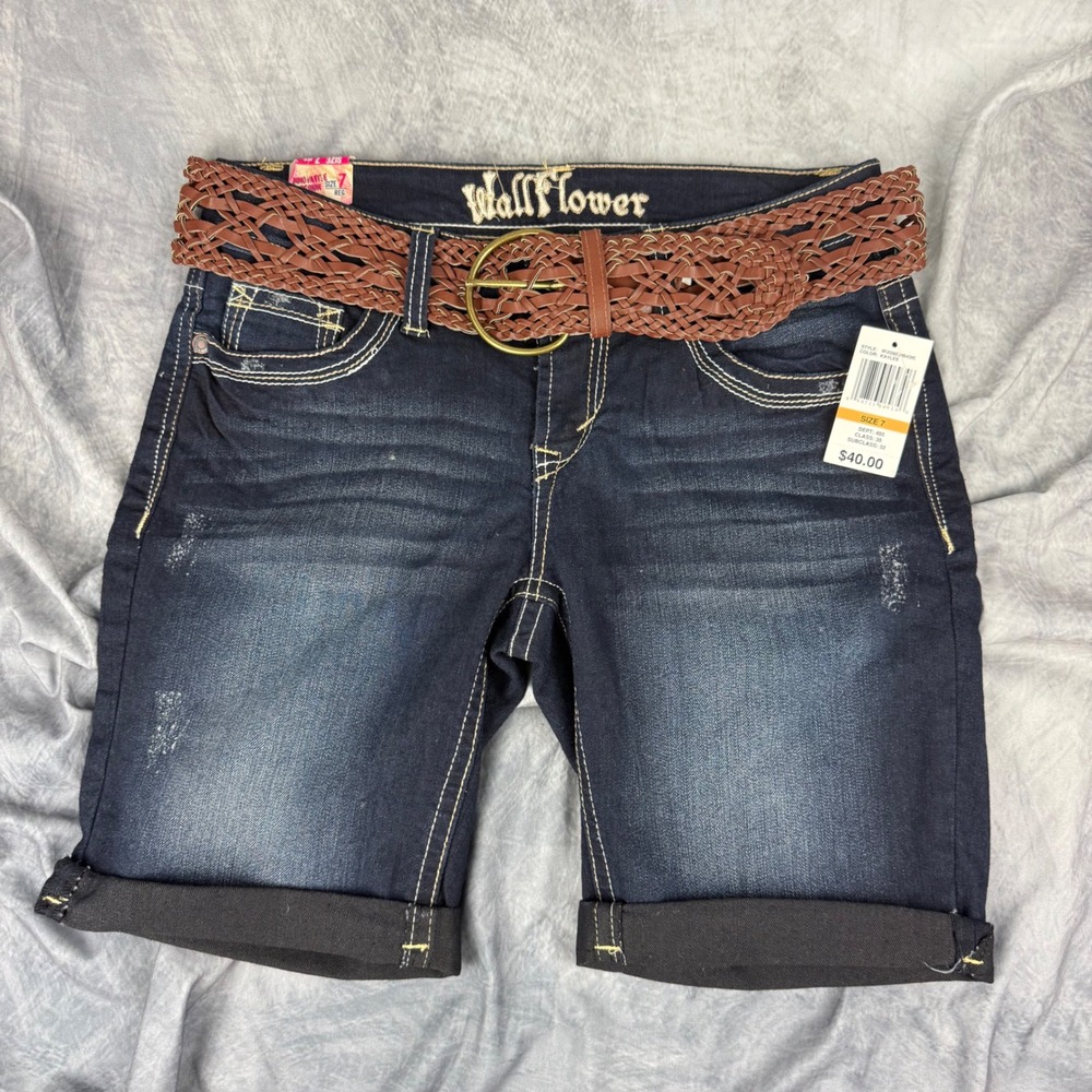 Y2K WallFlower Kaylee Bermuda Denim Shorts Dark Wash Distressed Belted Size 7
